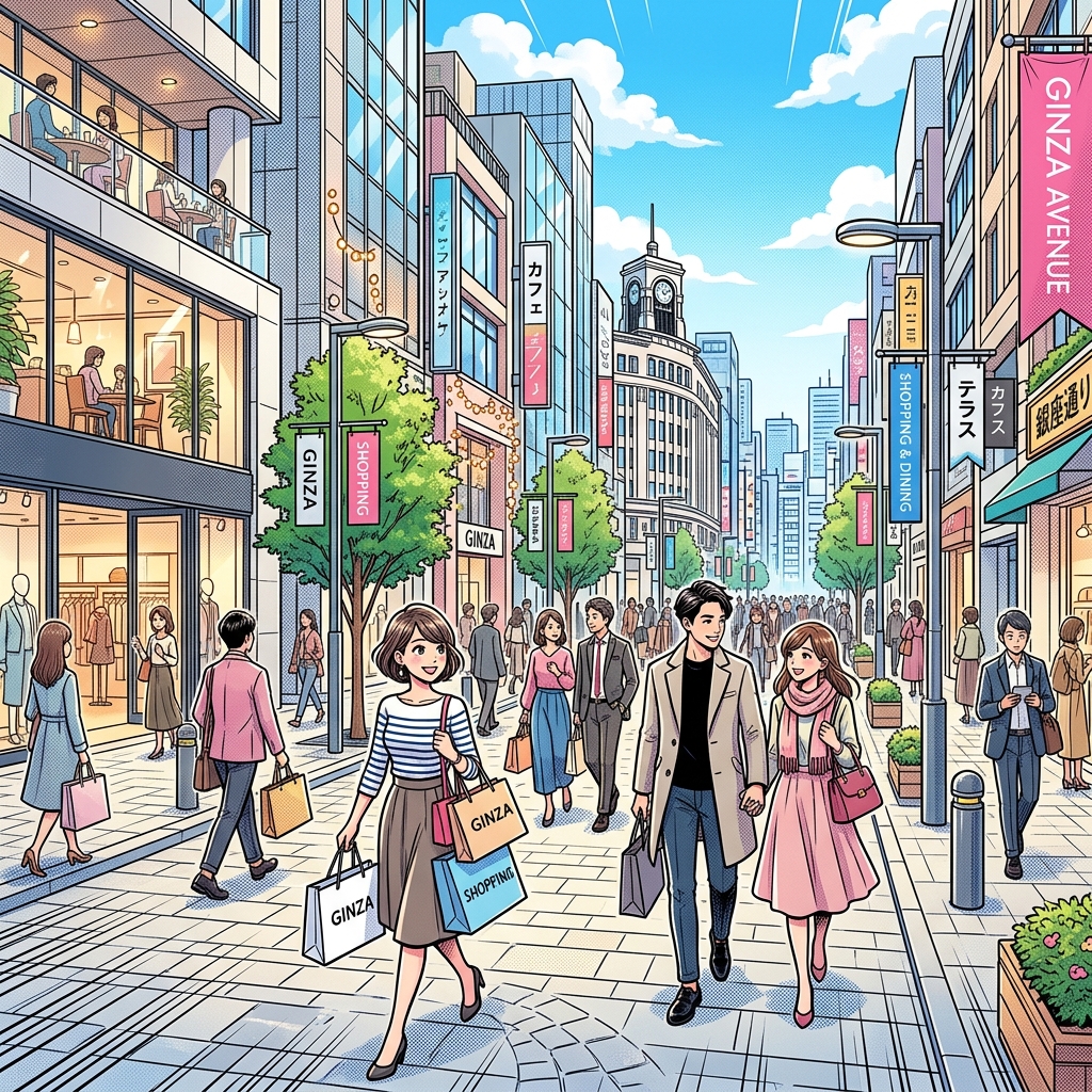 A sleek luxury shopping street in Ginza