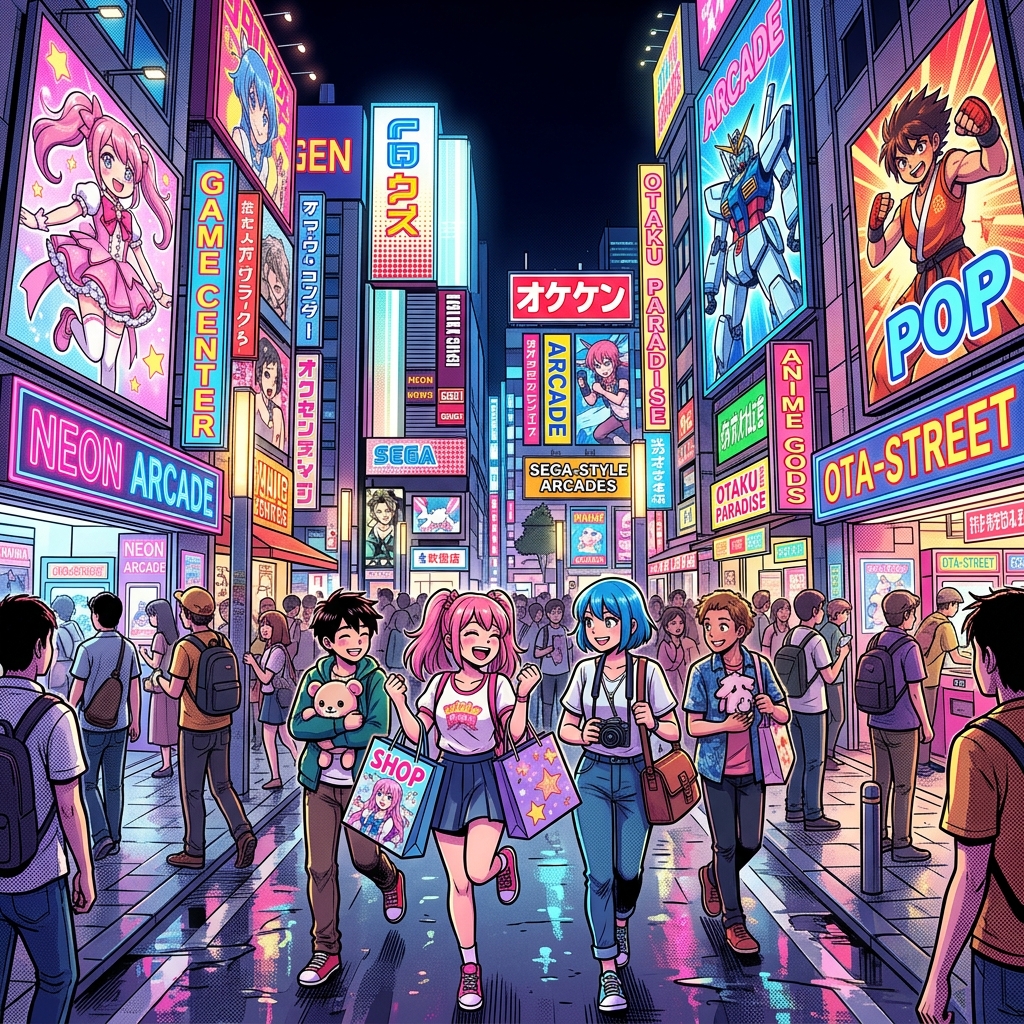 A neon-lit arcade center in Akihabara