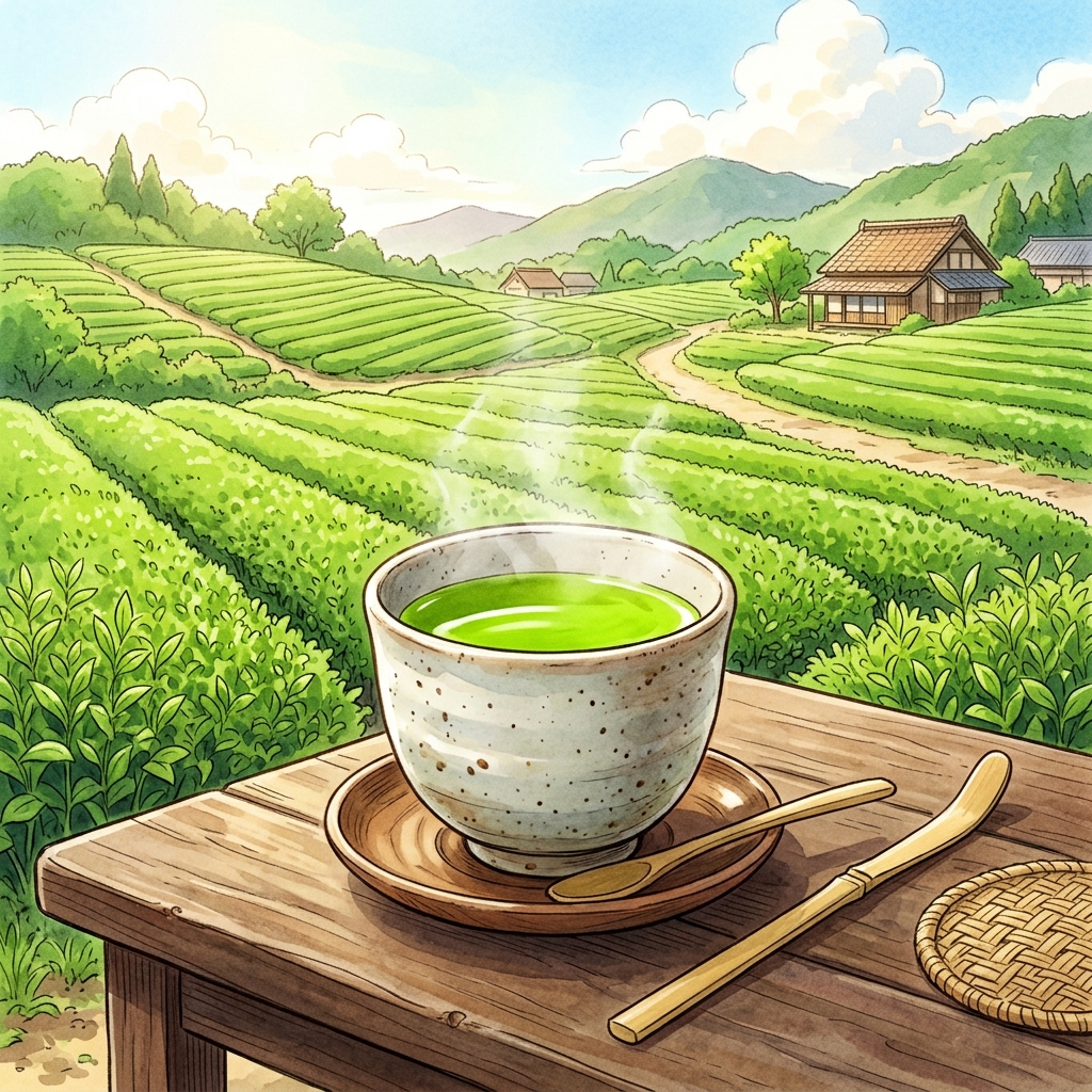 A traditional Japanese teacup filled with vibrant green Shincha new tea