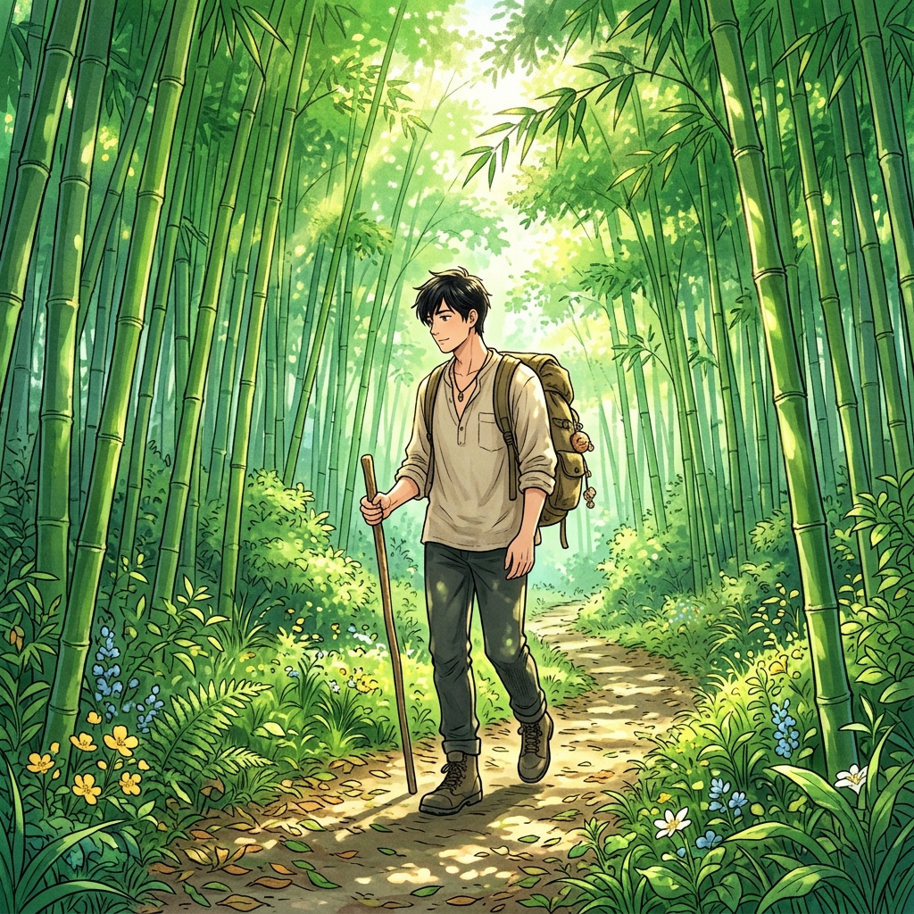 A traveler mindfully walking through a lush green bamboo forest in early summer