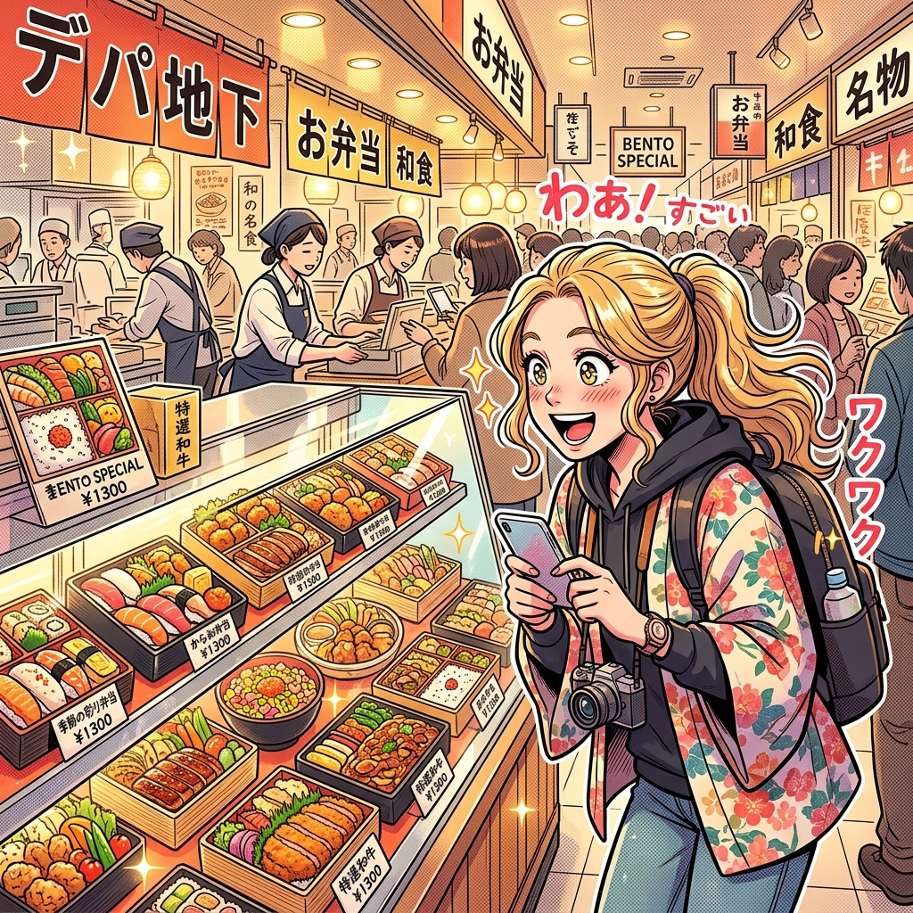 A foreign tourist looking at a brightly lit Japanese department store food hall