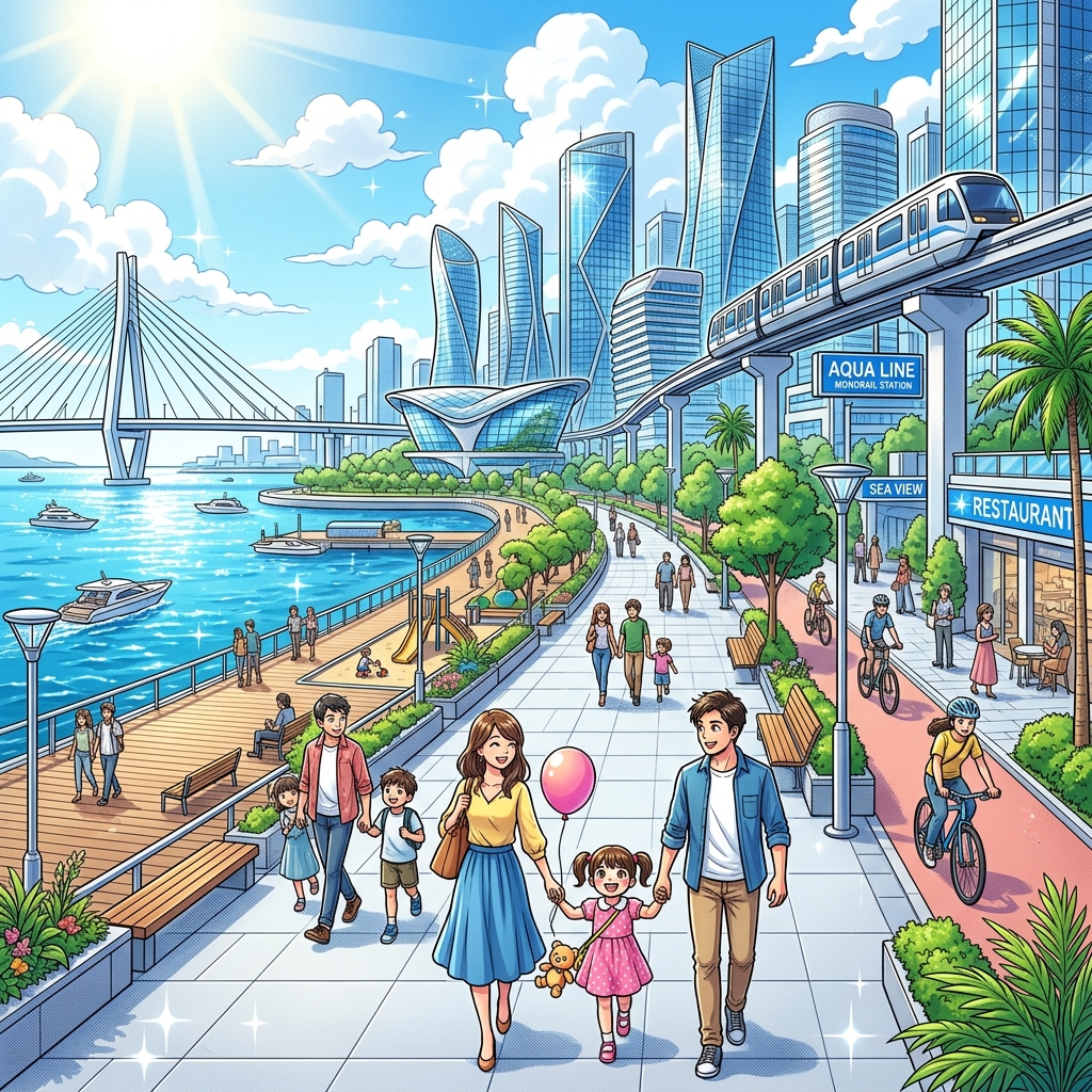 A spacious futuristic waterfront park in Odaiba