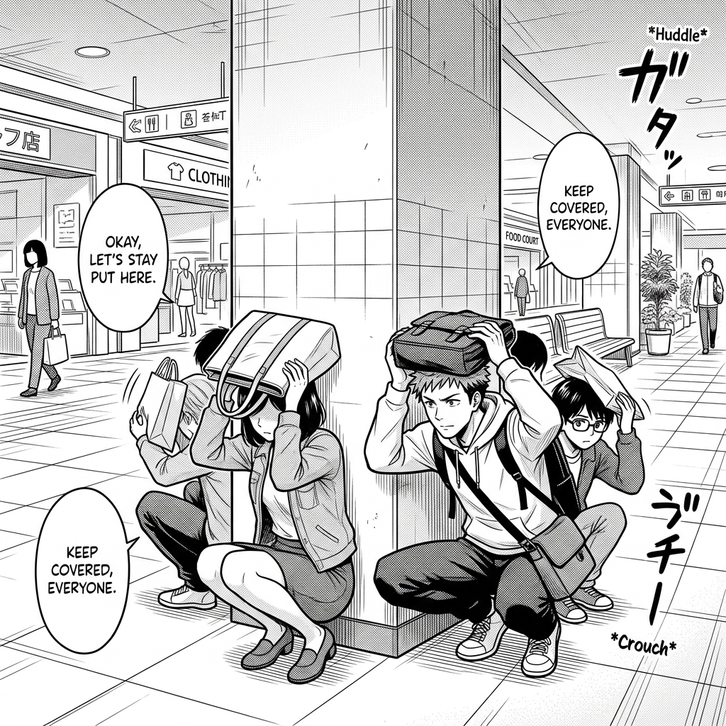 People safely protecting their heads near a sturdy pillar inside an underground mall