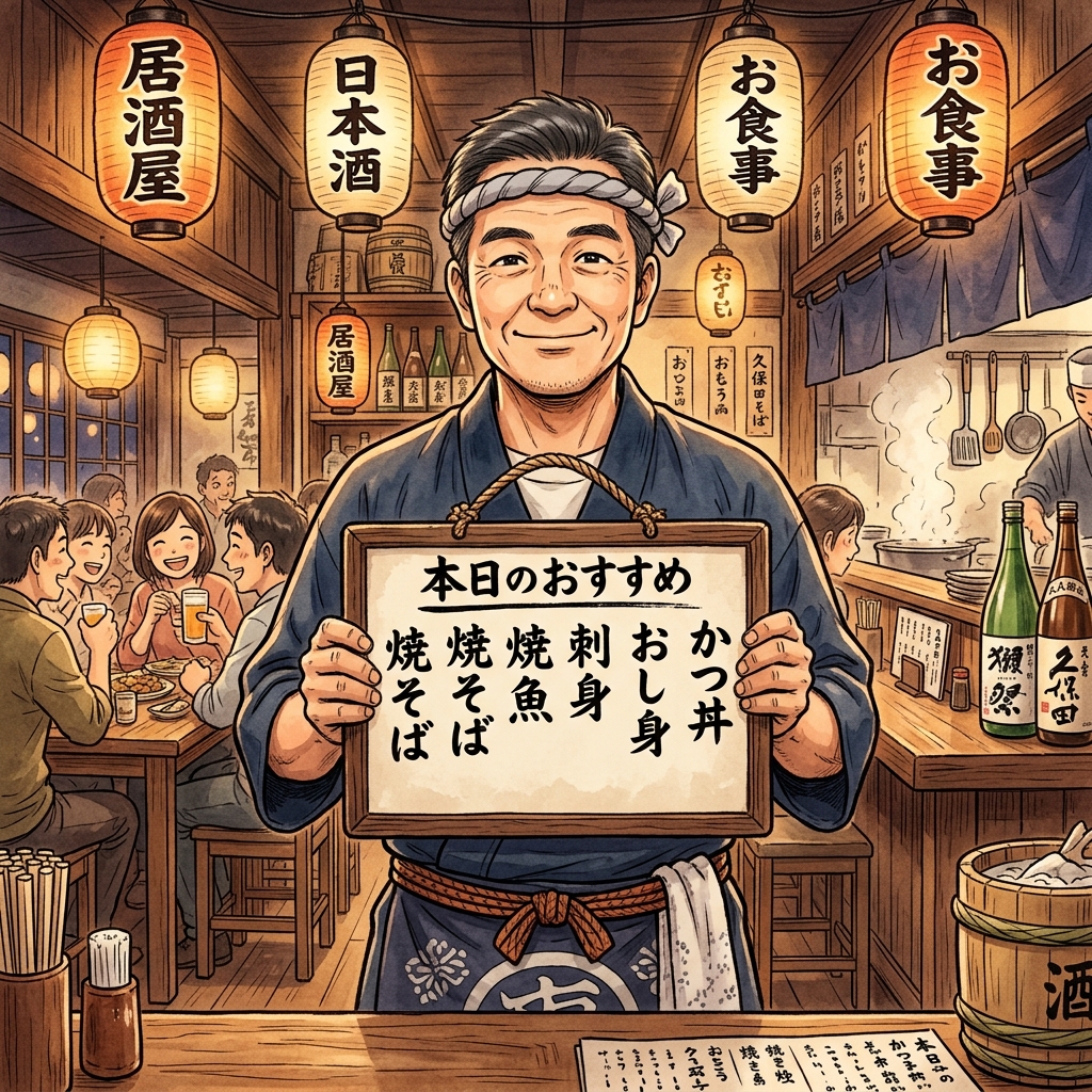 A Japanese Izakaya master holding up a traditional handwritten daily special menu