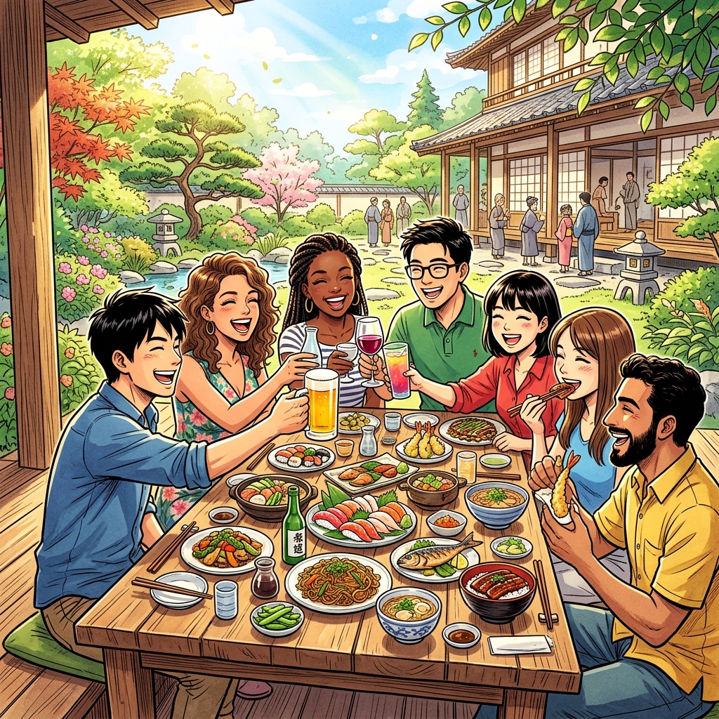 Tourists happily clinking glasses and enjoying seasonal Japanese dishes outdoors