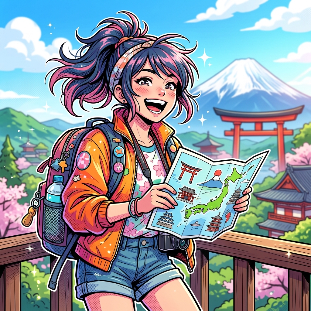 A happy traveler looking refreshed, holding a map with Japanese landmarks in the background