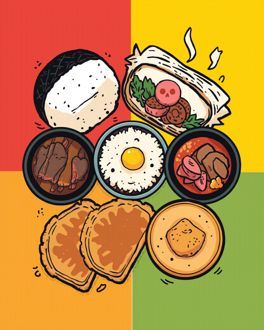 Colorful spread of Japanese convenience store food items