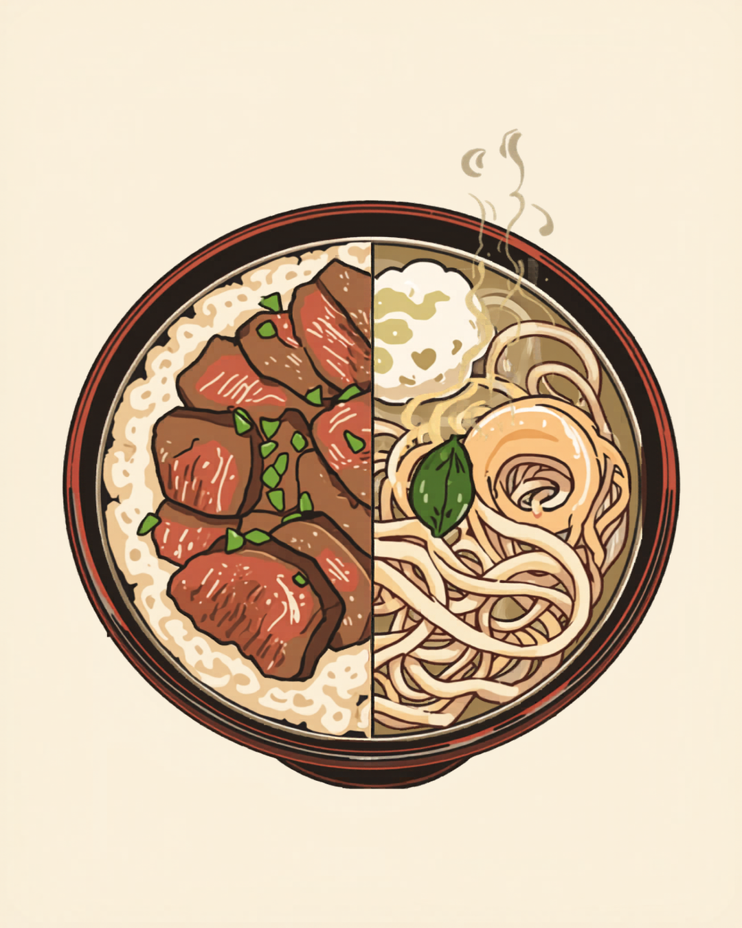 Gyudon beef bowl and cold soba noodles illustration