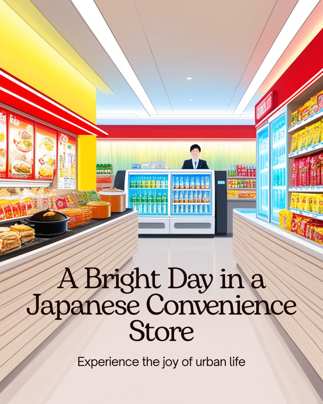 Bright Japanese convenience store interior with food displays