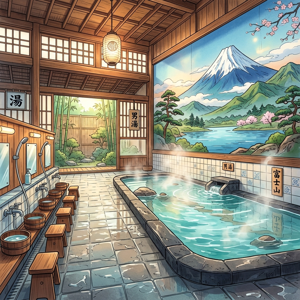 A relaxing indoor Japanese public bath sento with wooden buckets and gentle steam