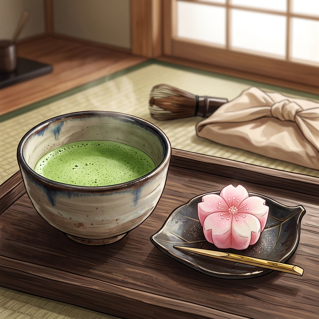 A close-up of a traditional Japanese tea ceremony setting with matcha and wagashi