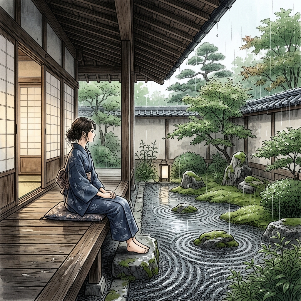 A peaceful traditional Japanese temple wooden veranda overlooking a rock garden