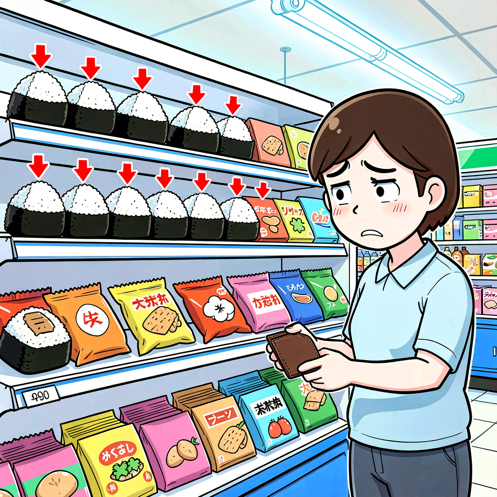 Illustration of a convenience store shelf with price tags