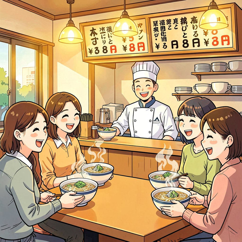 Illustration of a ramen counter with happy diners