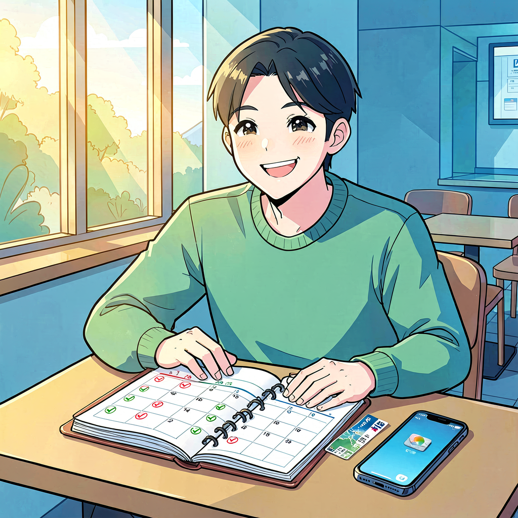 Illustration of a traveler planning a trip with a map and notebook