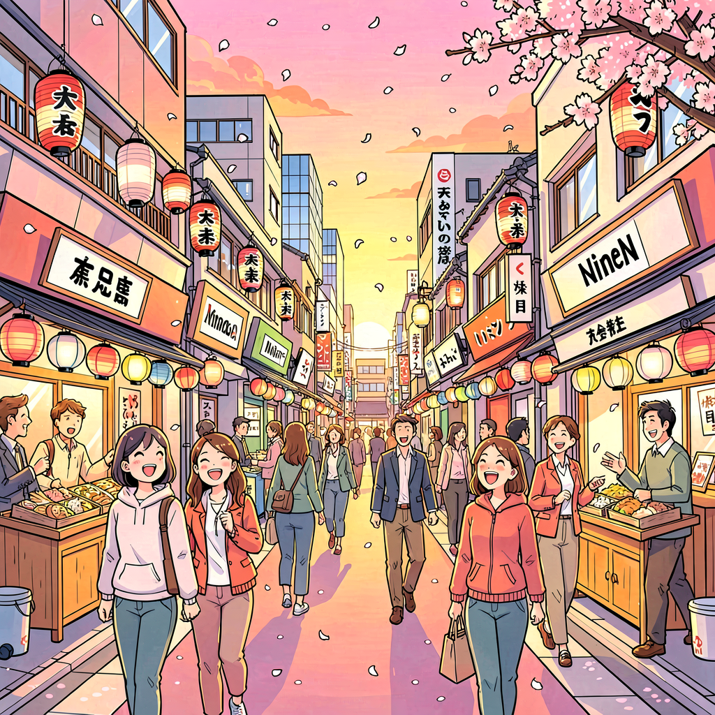 Illustration of a traveler enjoying a vibrant Japanese street scene