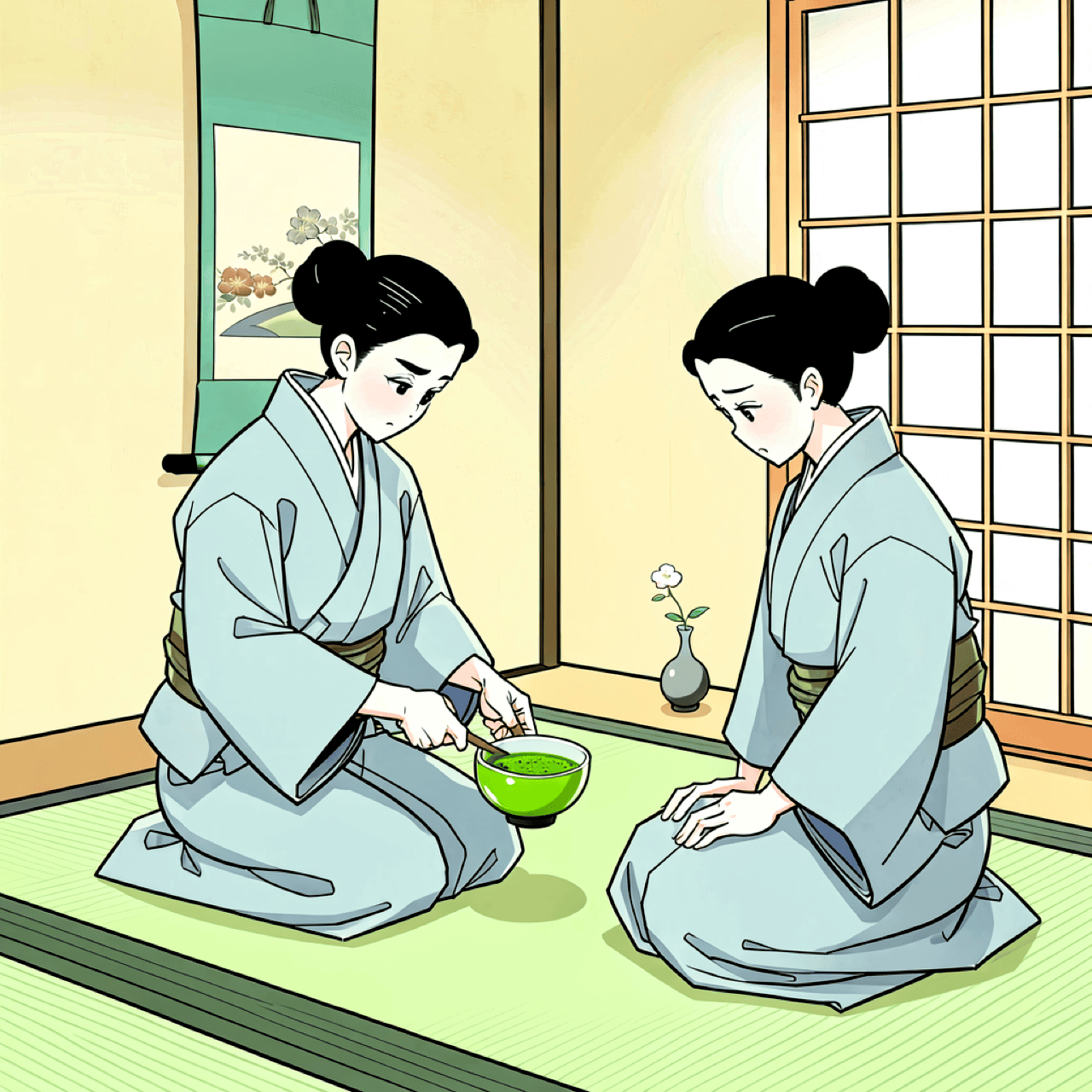 A host preparing matcha in a traditional Japanese tea ceremony