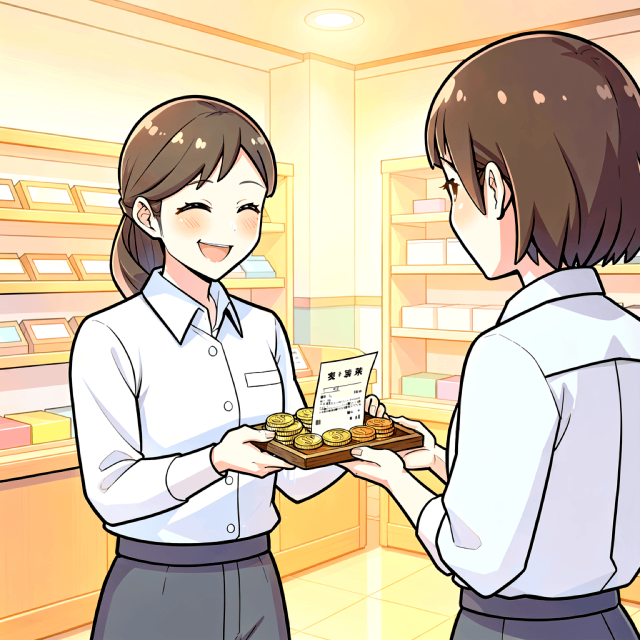 A Japanese cashier presenting change on a small tray with both hands