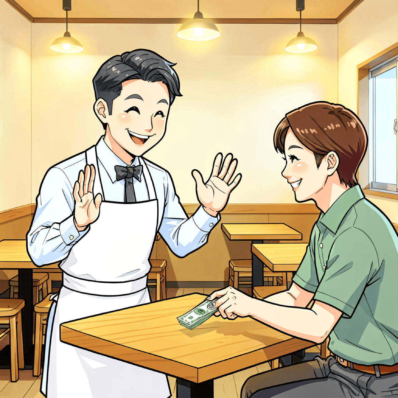 A tourist politely refused when trying to leave a tip at a Japanese restaurant