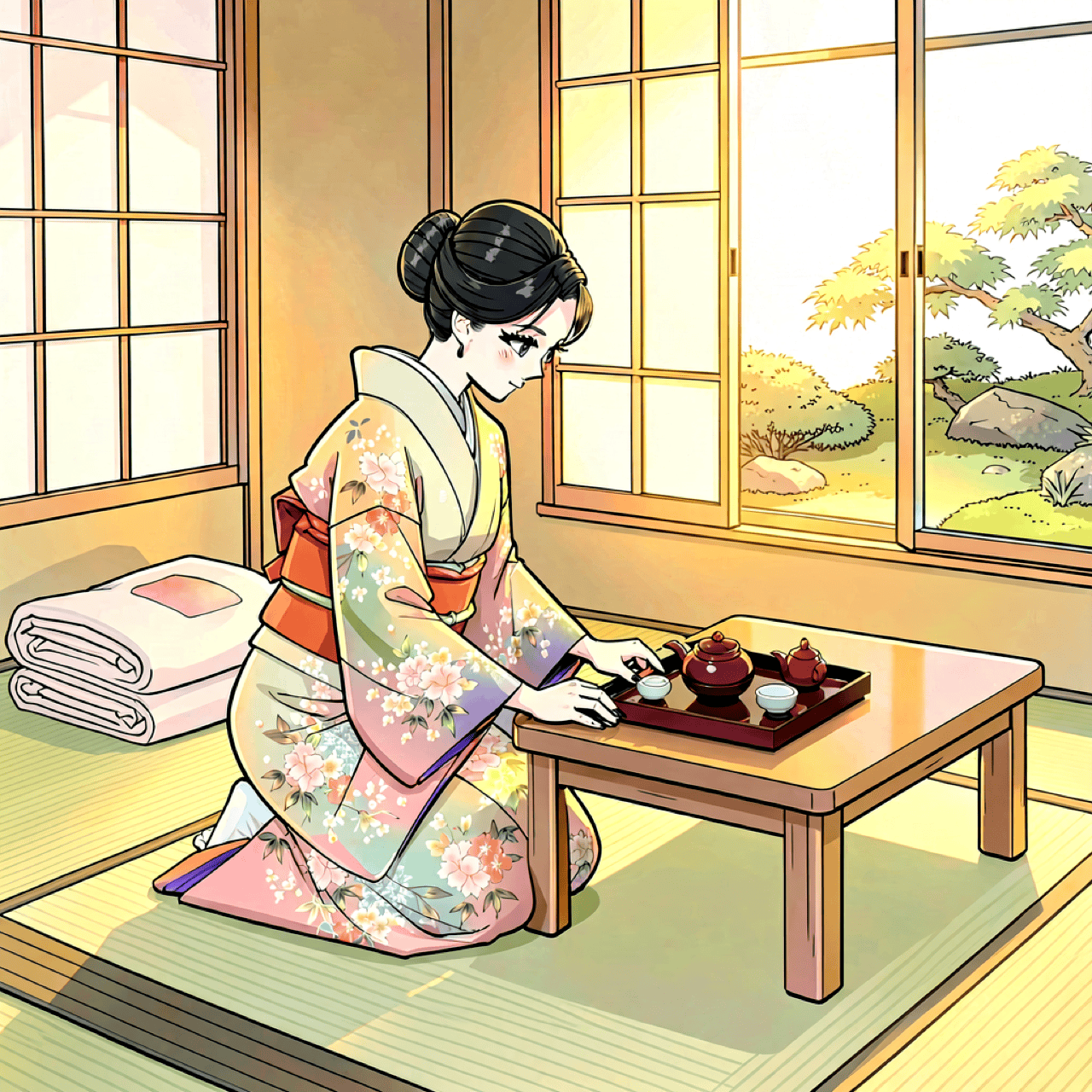 A traditional ryokan room with tatami floors and a nakai-san serving tea