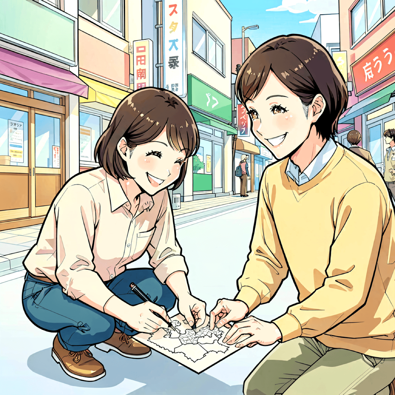 A Japanese local drawing a hand-drawn map for a lost foreign tourist
