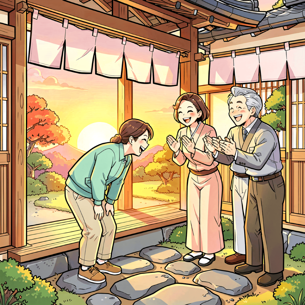 A happy foreign tourist bowing in gratitude to Japanese inn staff