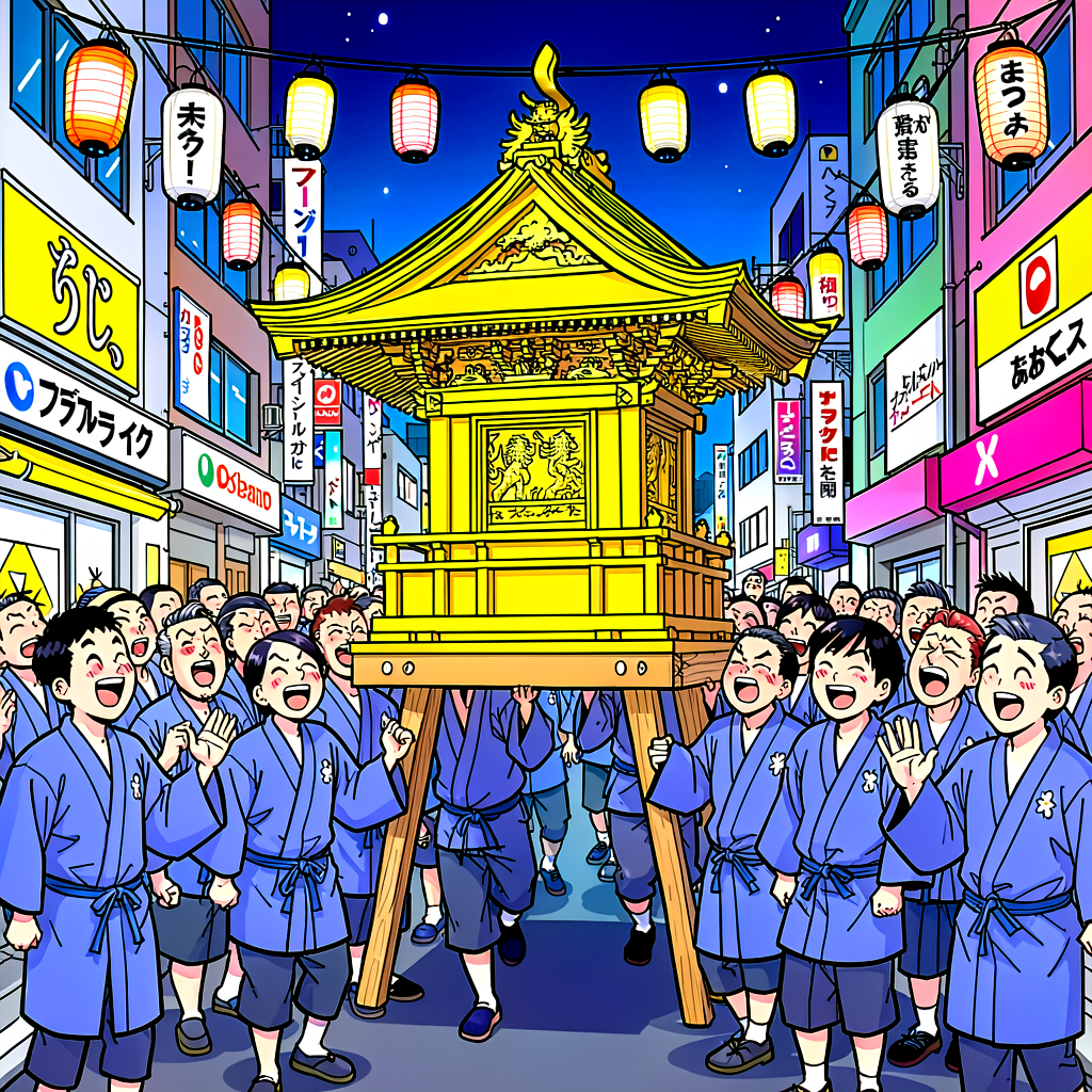Colorful mikoshi portable shrine carried through a festive Tokyo street at night