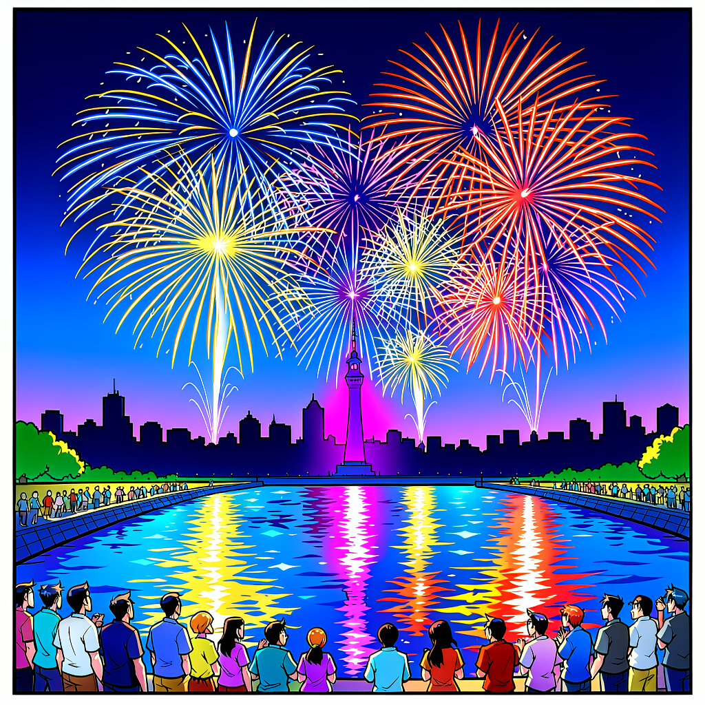 Fireworks bursting over the Sumida River with Tokyo Skytree in the background