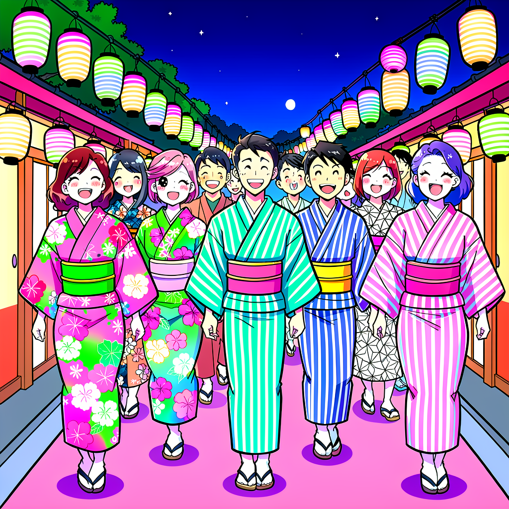 People in colorful yukata summer kimono walking through a lantern-lit festival path