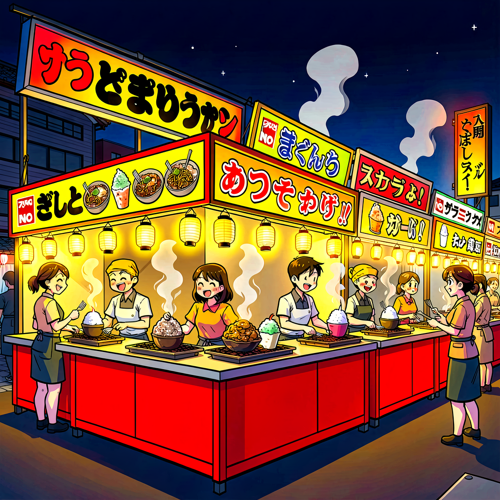 Rows of glowing festival food stalls with yakisoba, takoyaki and kakigori on display