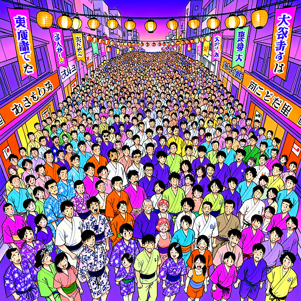 Huge crowd of festival-goers filling a wide Tokyo street under a summer night sky