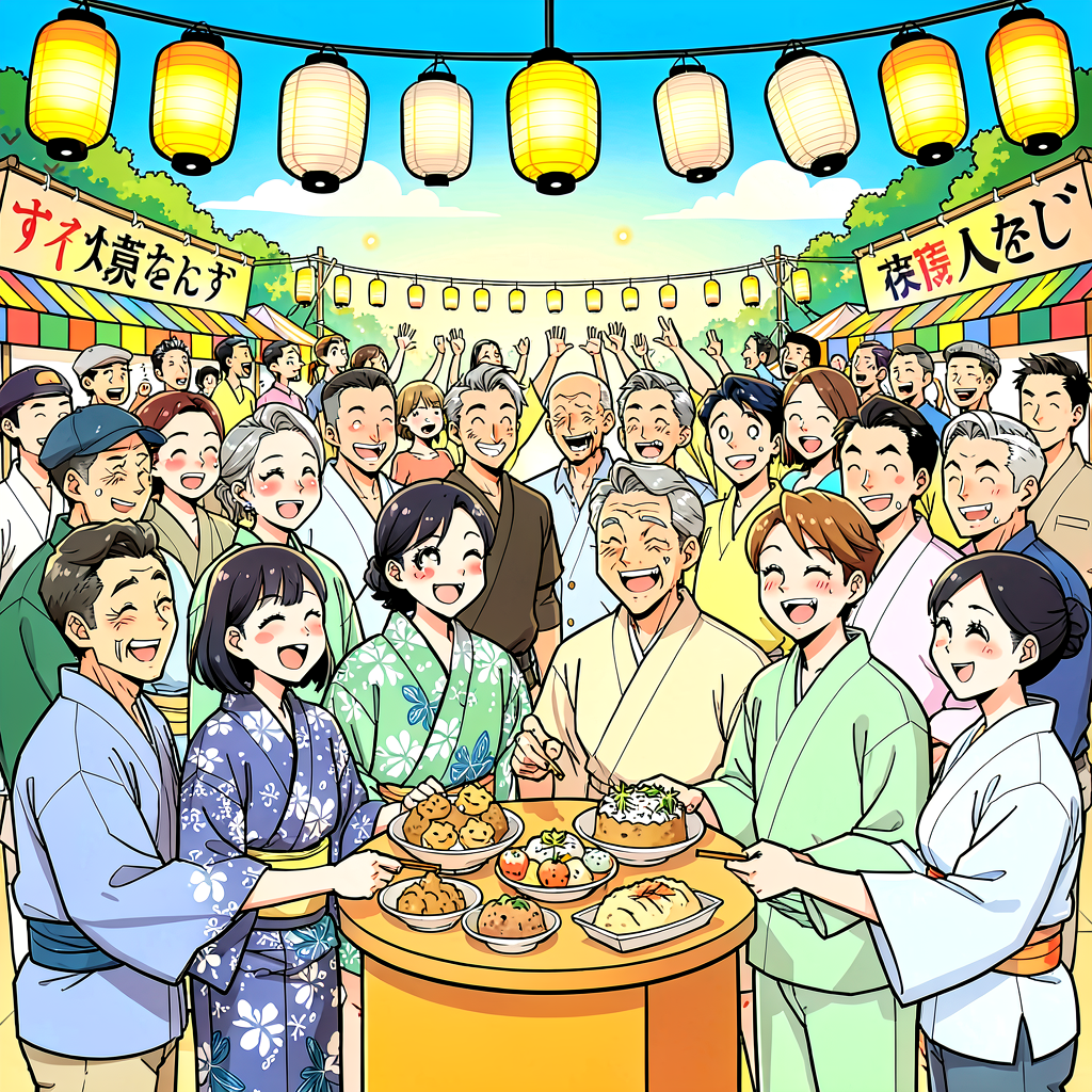Smiling visitors and locals enjoying a Japanese summer festival together at night