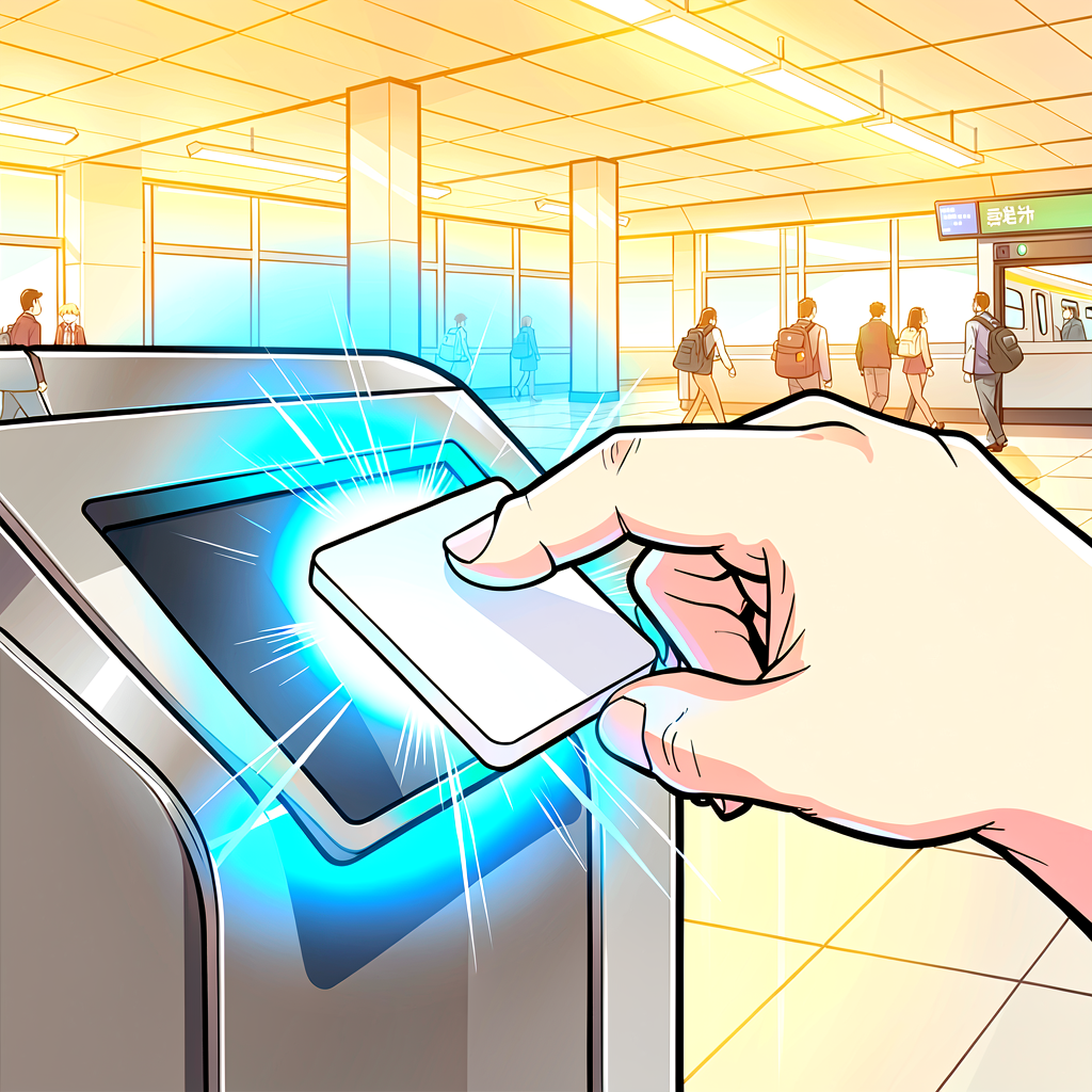 A traveler tapping a generic IC card at a Tokyo train station gate
