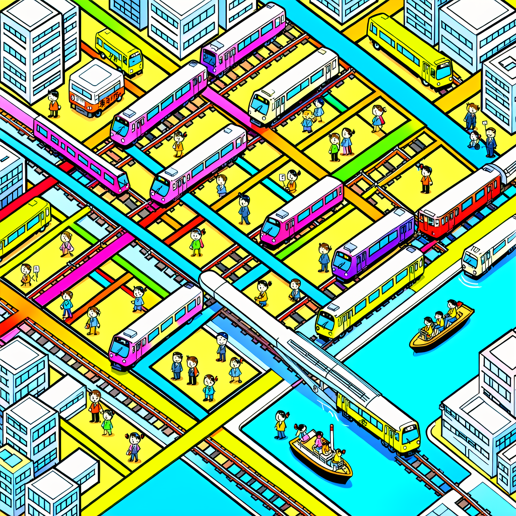 A colorful Tokyo transit map with cartoon tourists riding trains, buses and a water bus