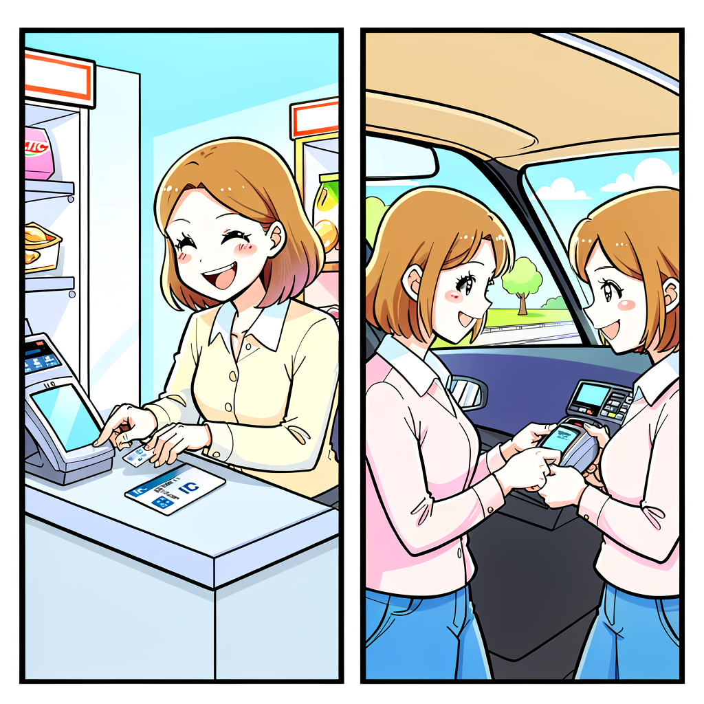 A traveler paying at a generic convenience store counter with an IC card
