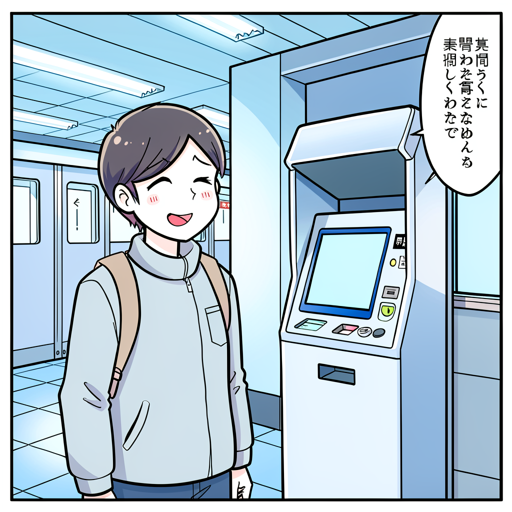 A traveler using a fare adjustment machine near a Tokyo train gate