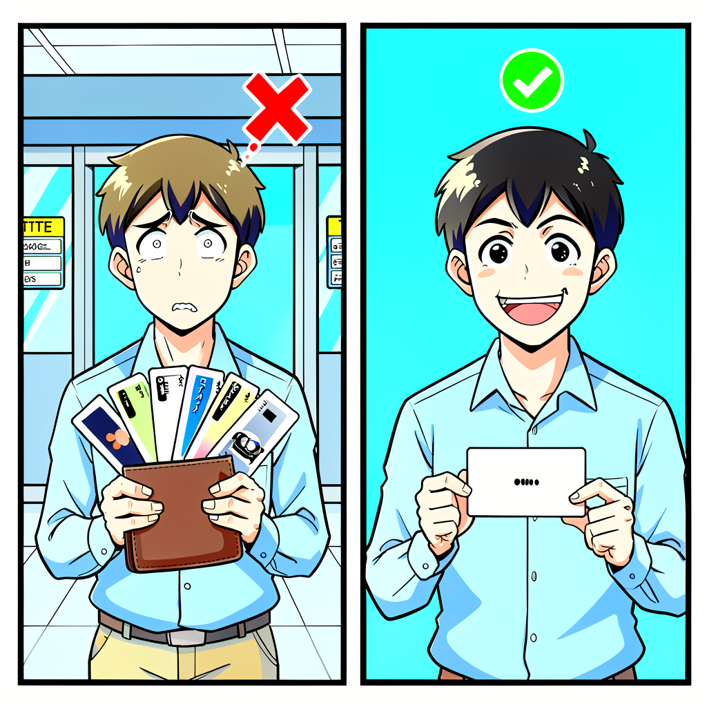 A confused tourist holding multiple IC cards near a ticket gate